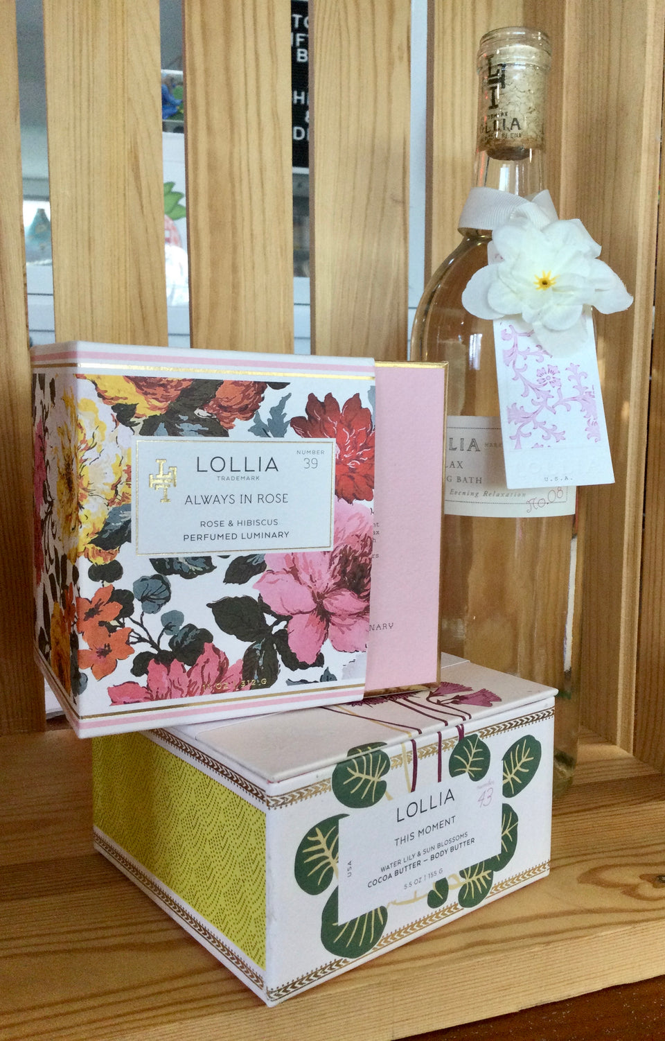 Assortment of Lollia typically found in the gift box candle, body butter and bubble bath