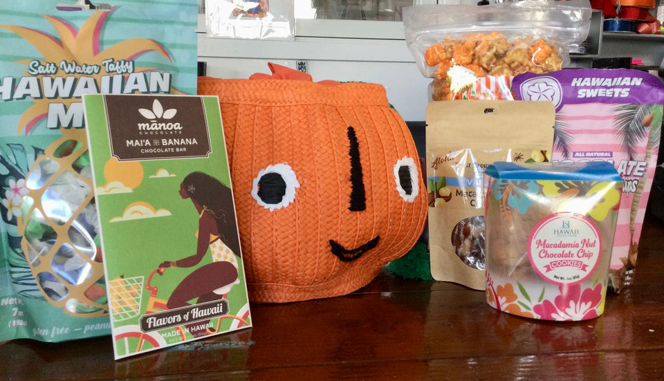 Showing the treats with the pumpkin basket