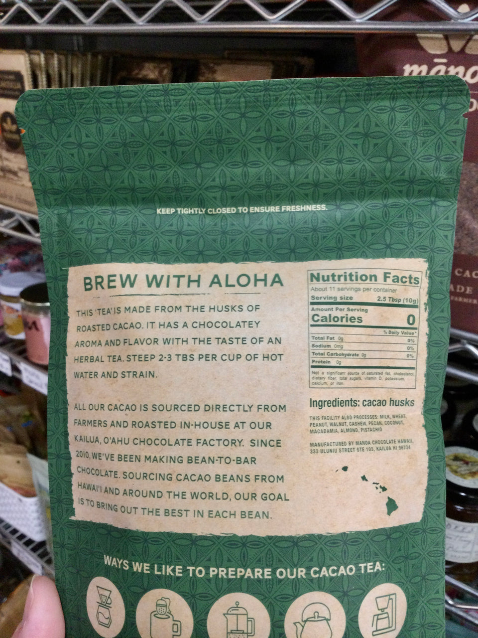 Package details on back of Manoa Cacao tea