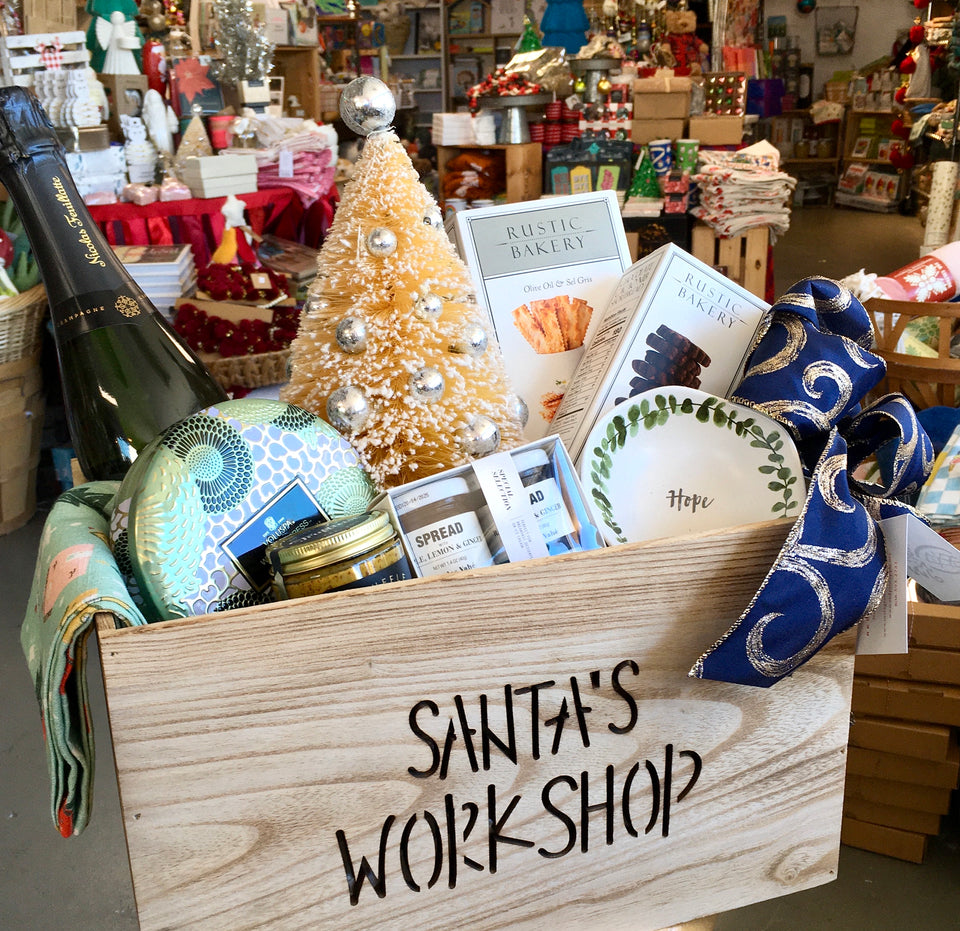 Crate filled with food and home decor items.