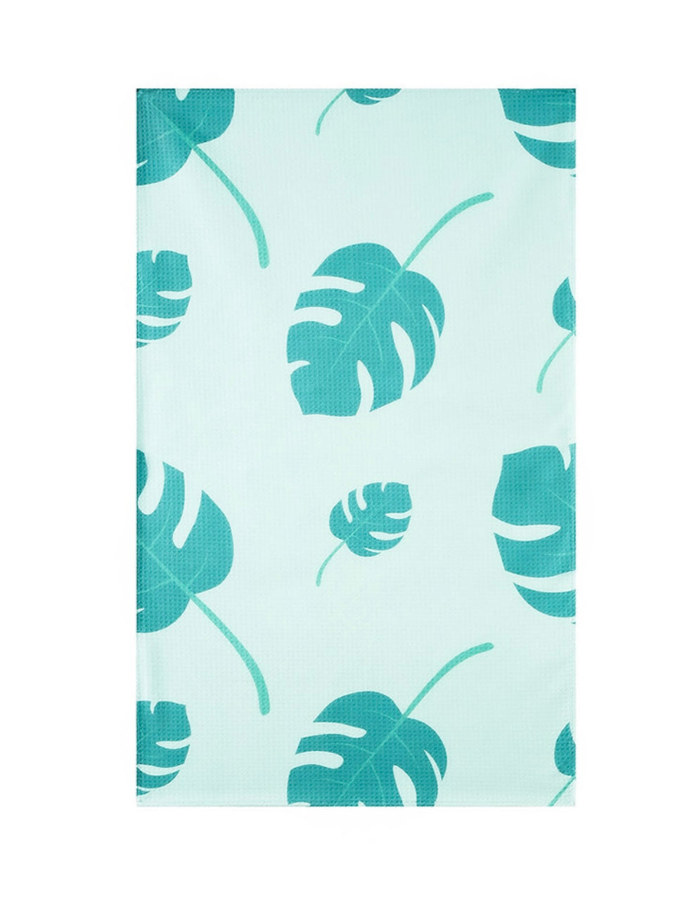 Examples of tea towels we can blue and mint green tropical leaves