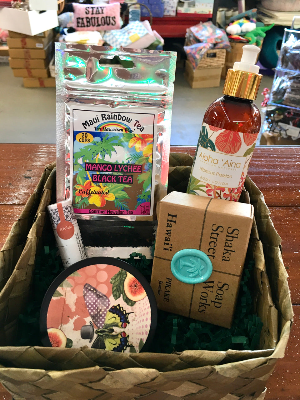 All items described in the basket sitting in a woven lauhala