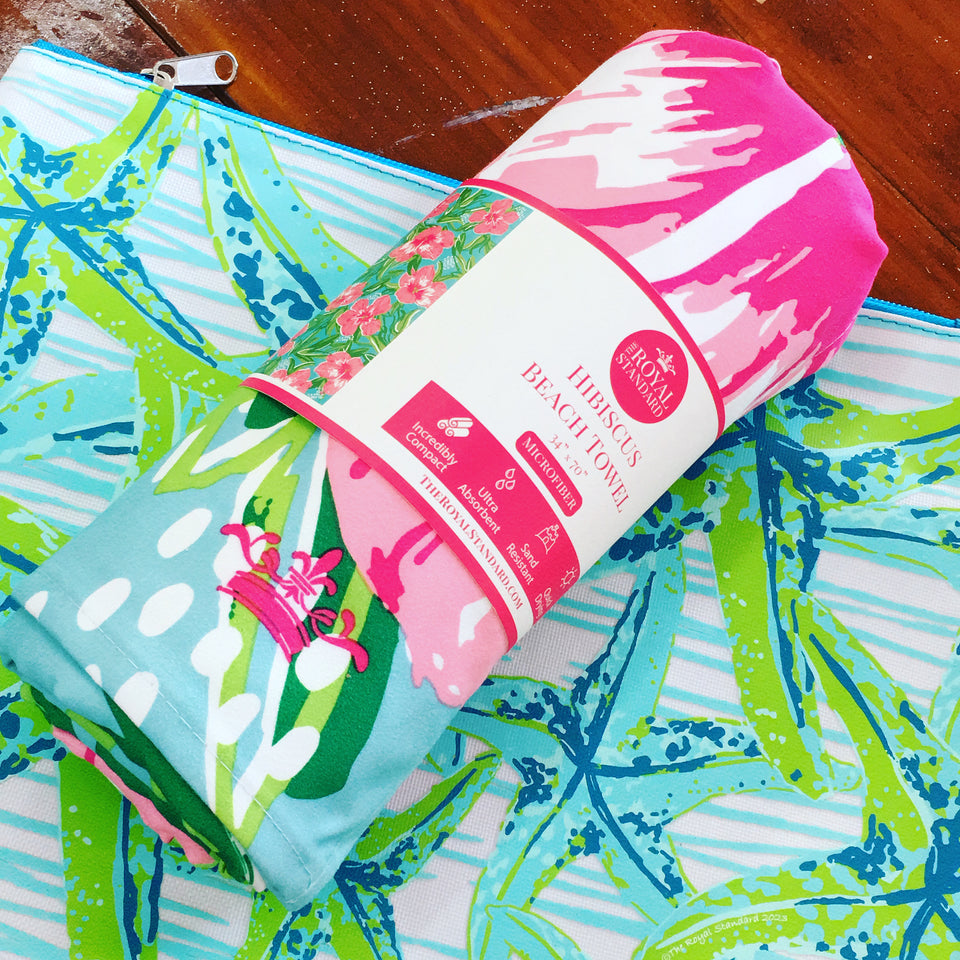 towel shown rolled up in packaging on our star fish wet dry pouch - sold separately 