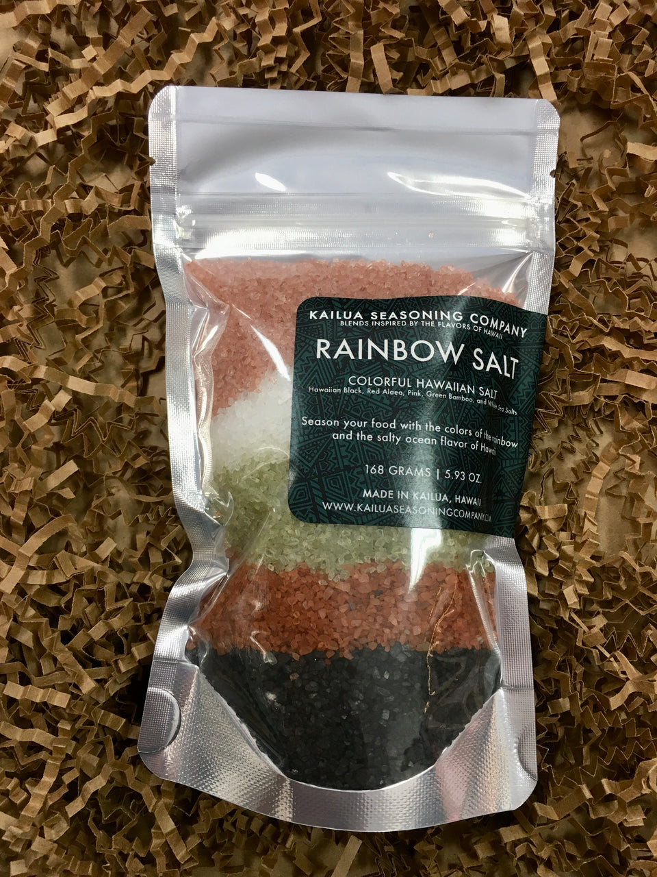 close up of rainbow salt package