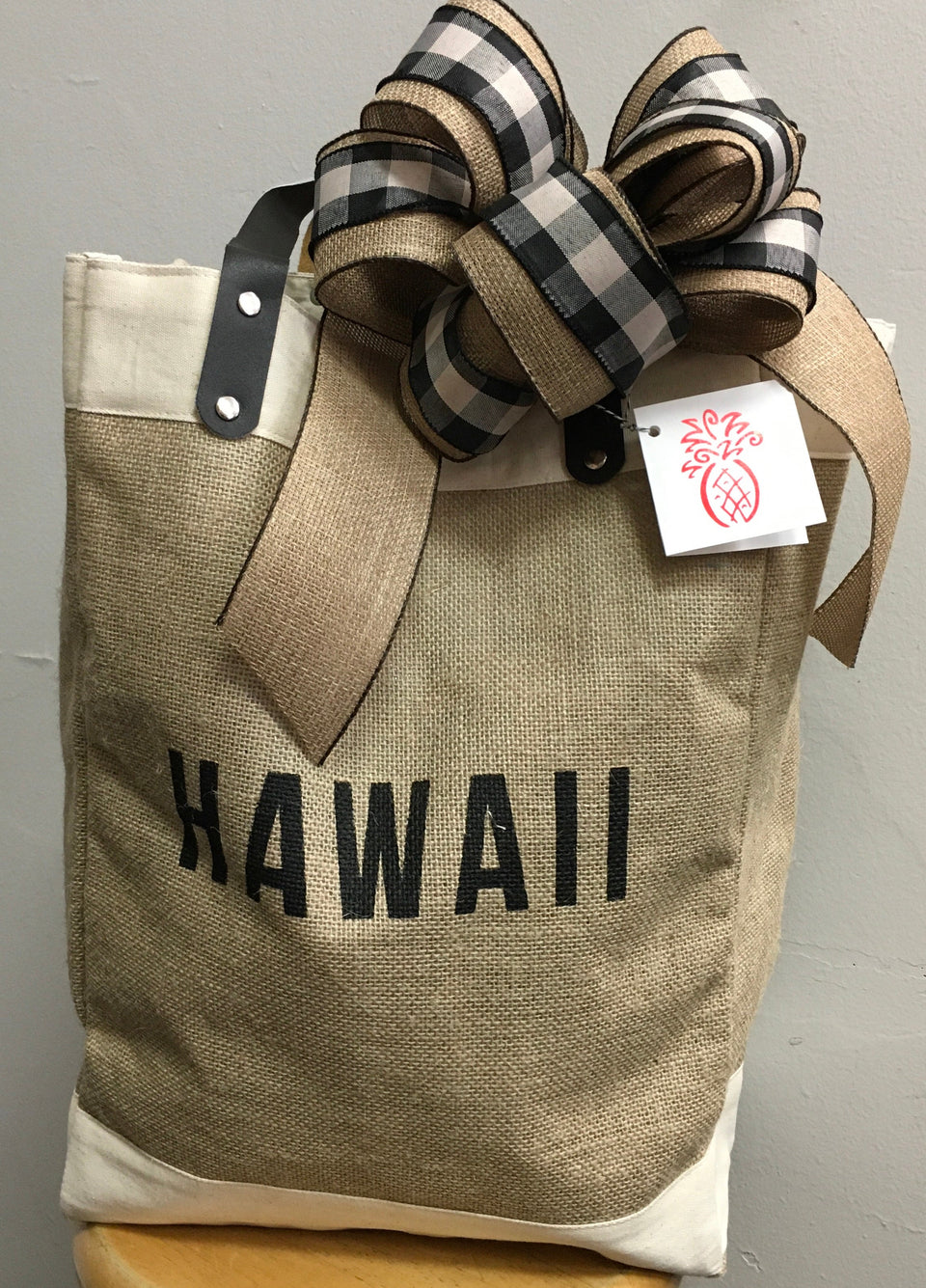 Large burlap tote with hawaii printed on the outside