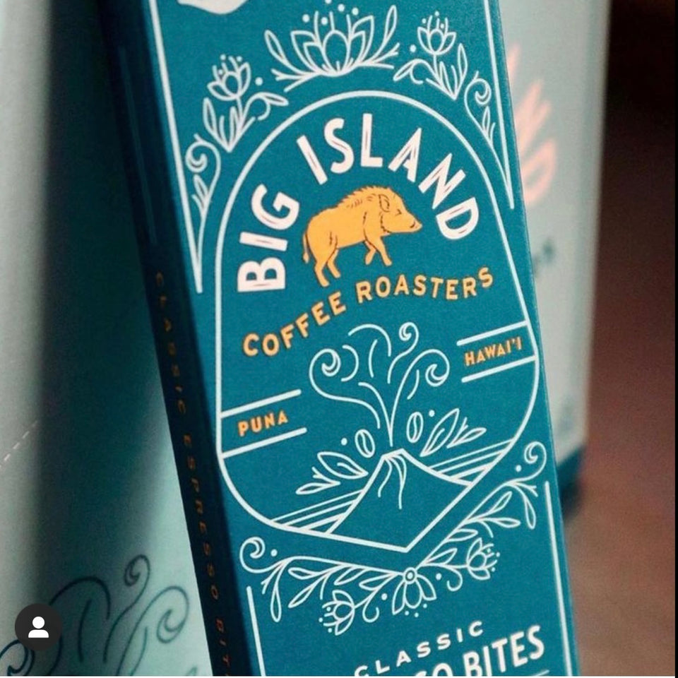 Close up of big island coffee roaster bar, blue with yellow boar
