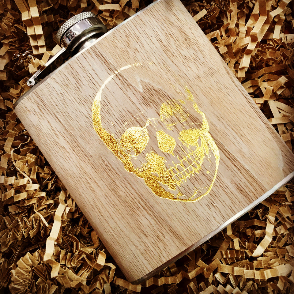 Wooden Flask with gold skull