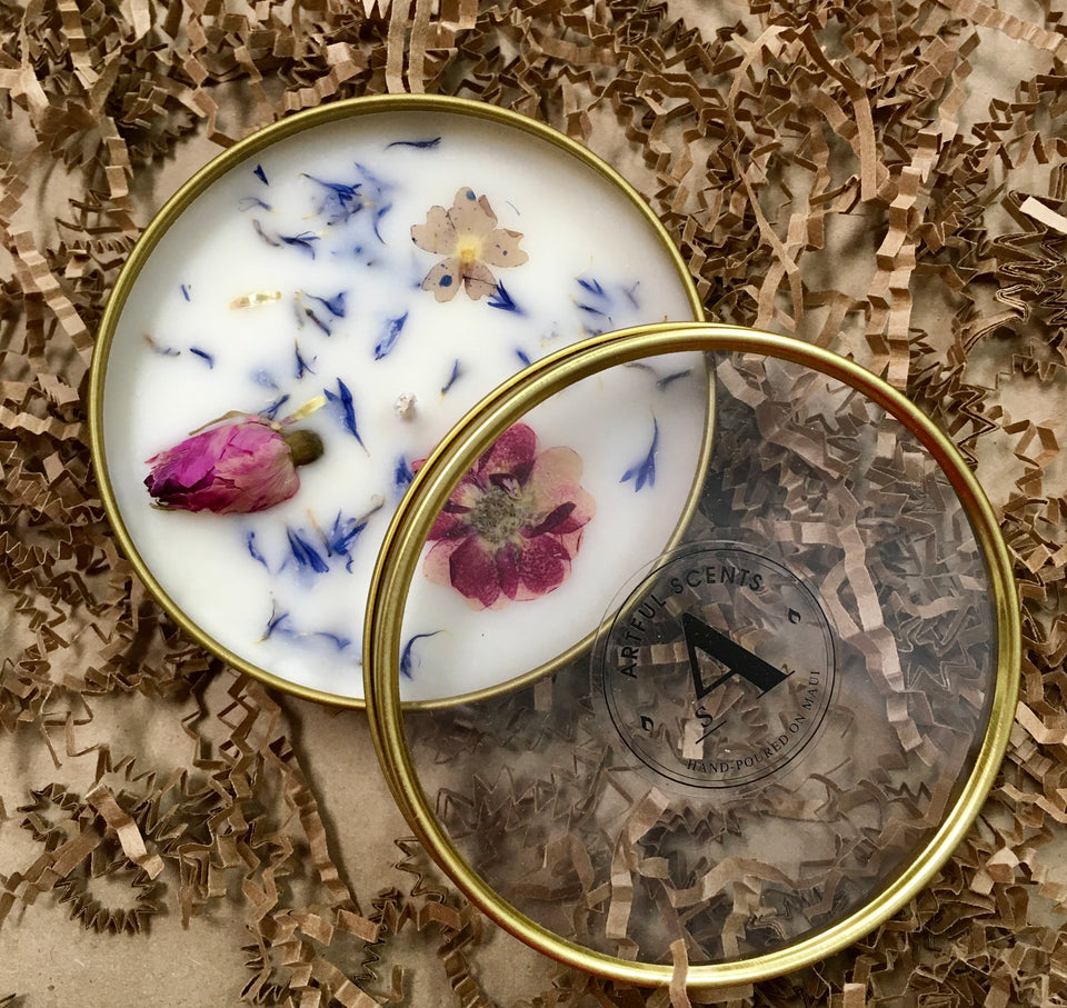 candle with pressed flowers