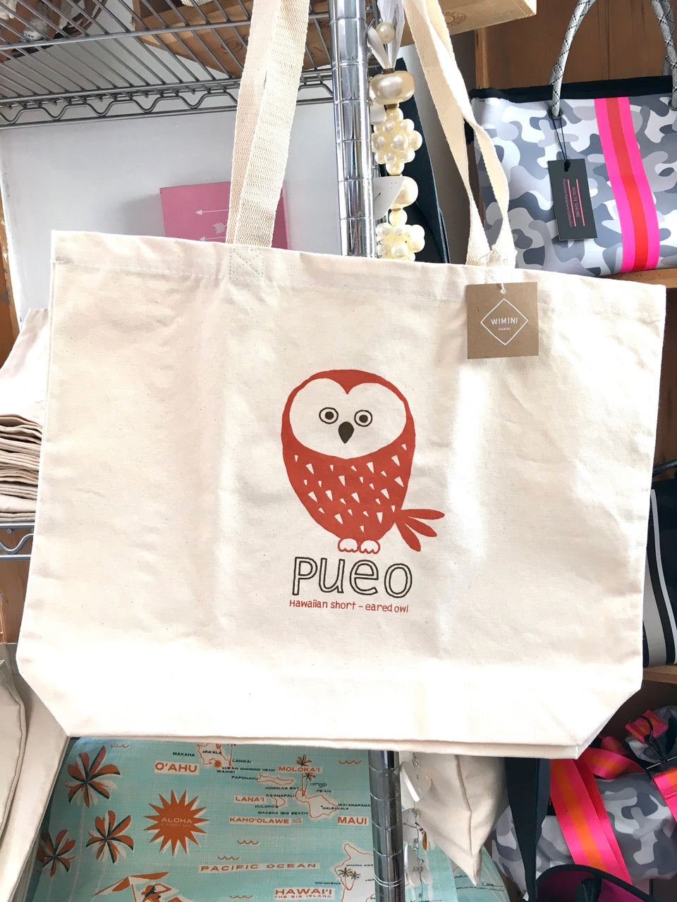 cotton canvas owl tote hanging up