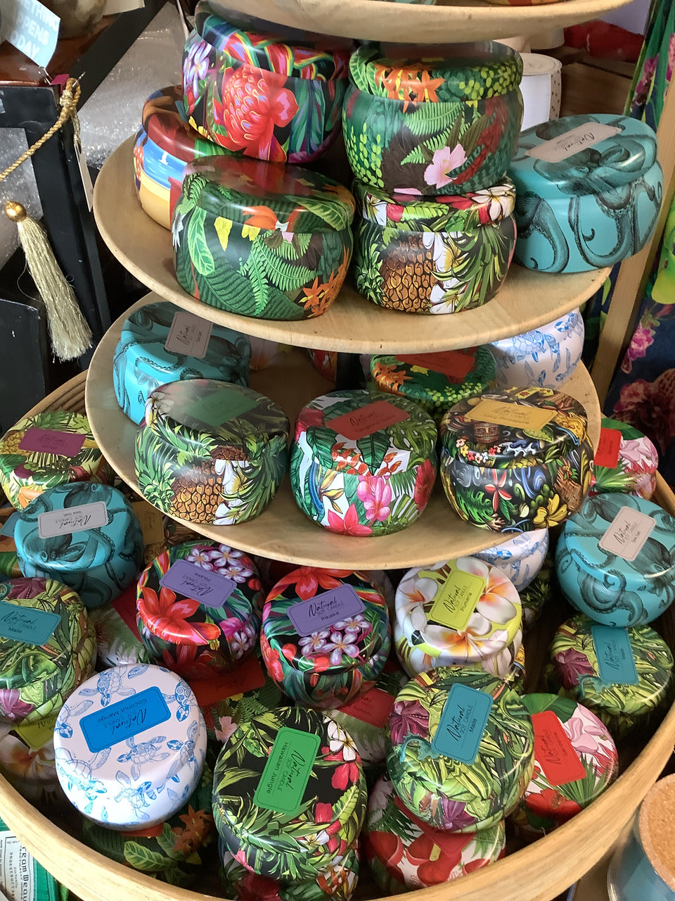 A variety of candles displayed in the store