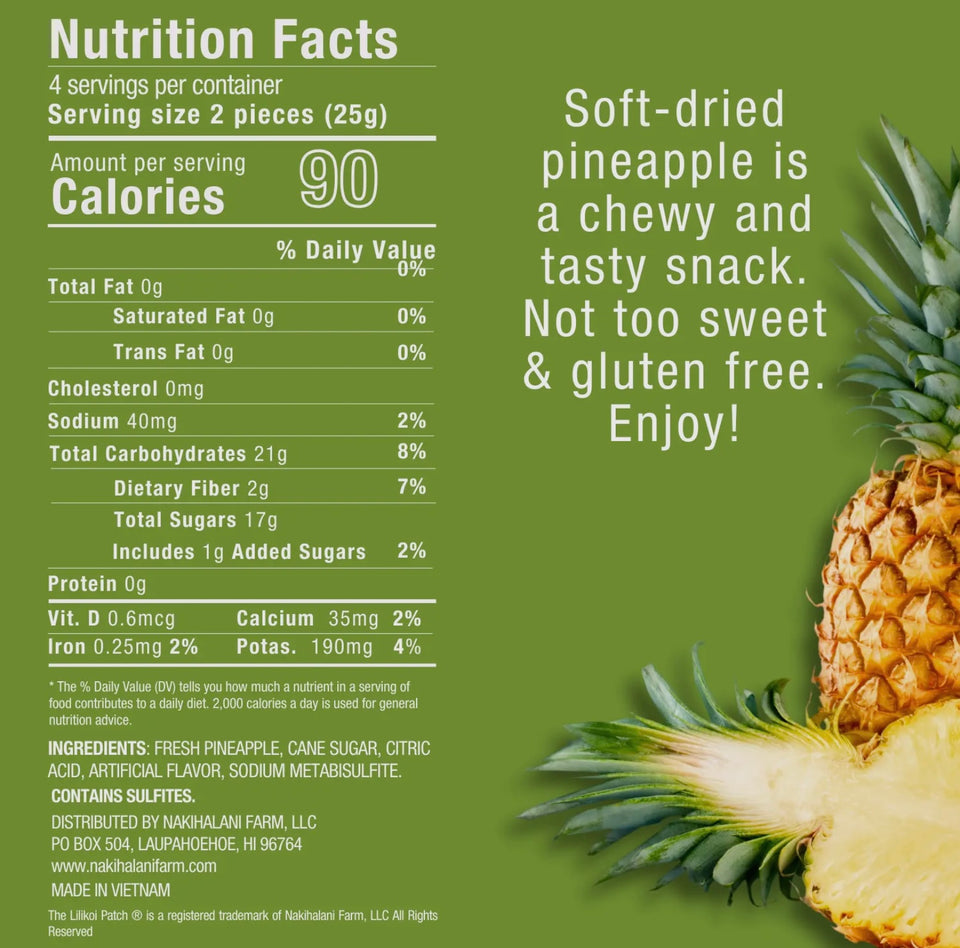 Nutrition facts for pineapple - photo from manufacturer The Lilikoi Patch
