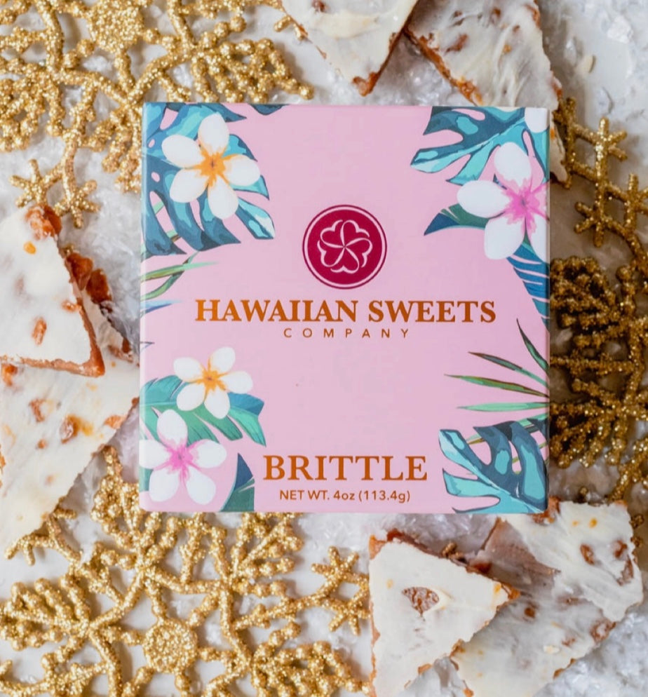Package of white chocolate macadamia nut brittle 
