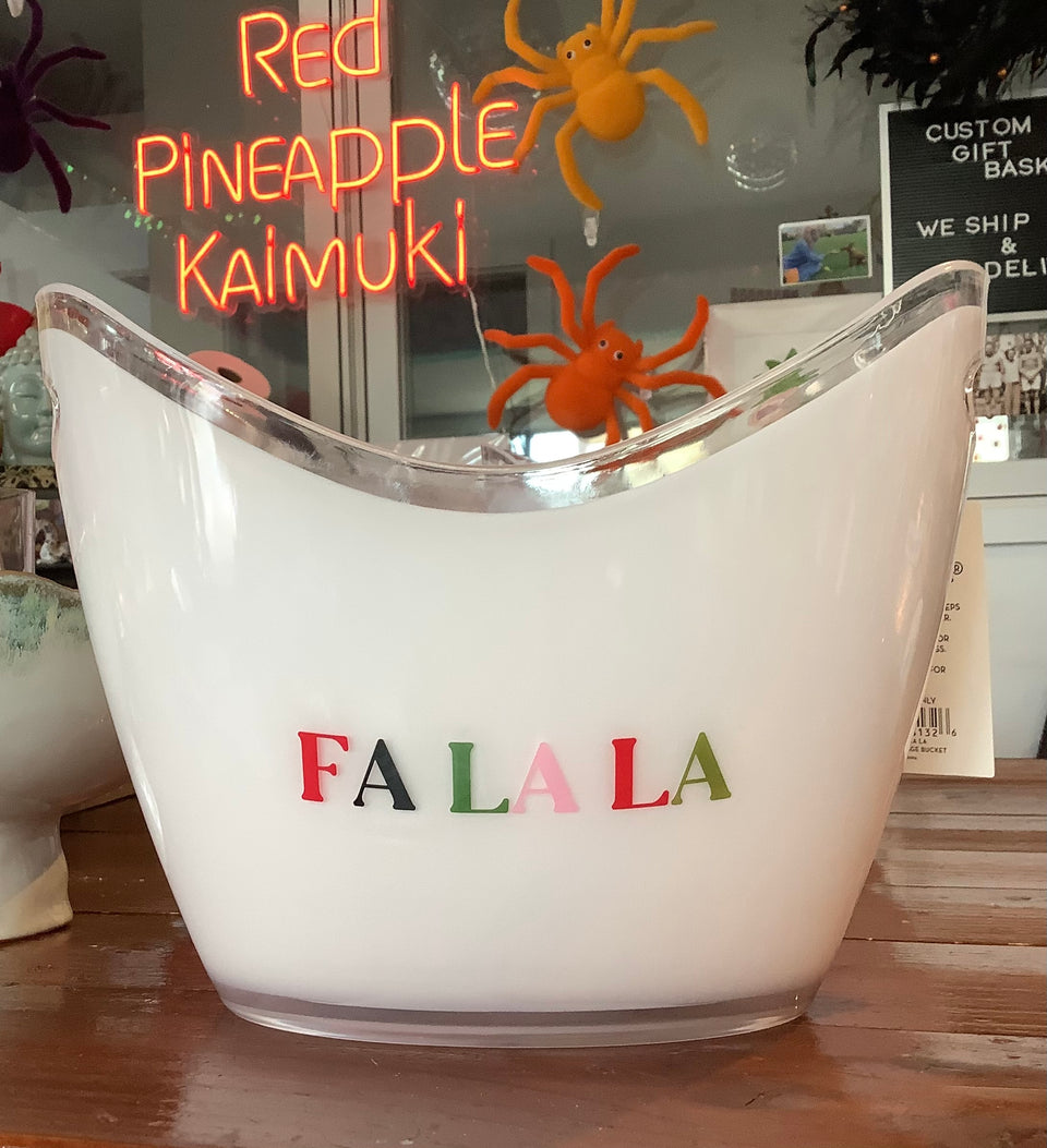 Very pale pink clear frosted acrylic ice bucket with colorful FALALA