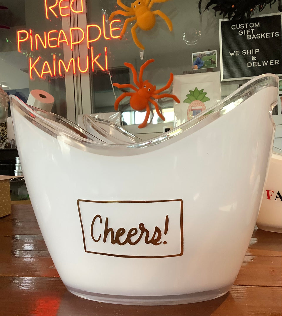 Cheers ice bucket white frosted acrylic with gold lettering