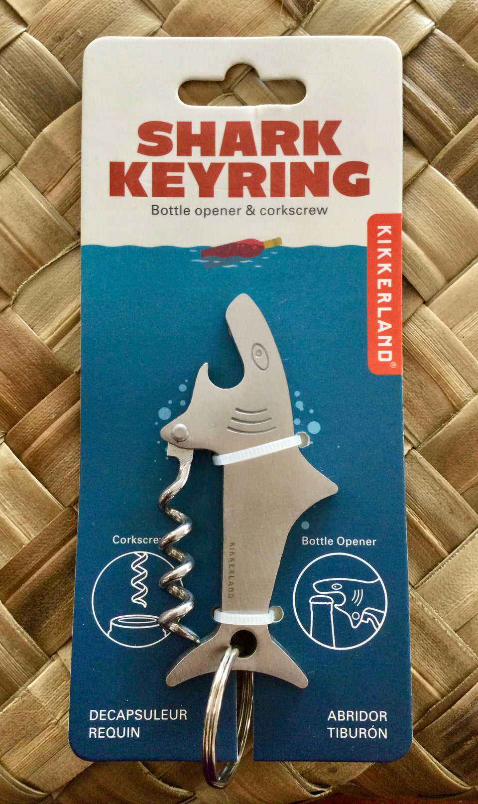 Shark key chain, bottle opener and wine opener multi-tool in package
