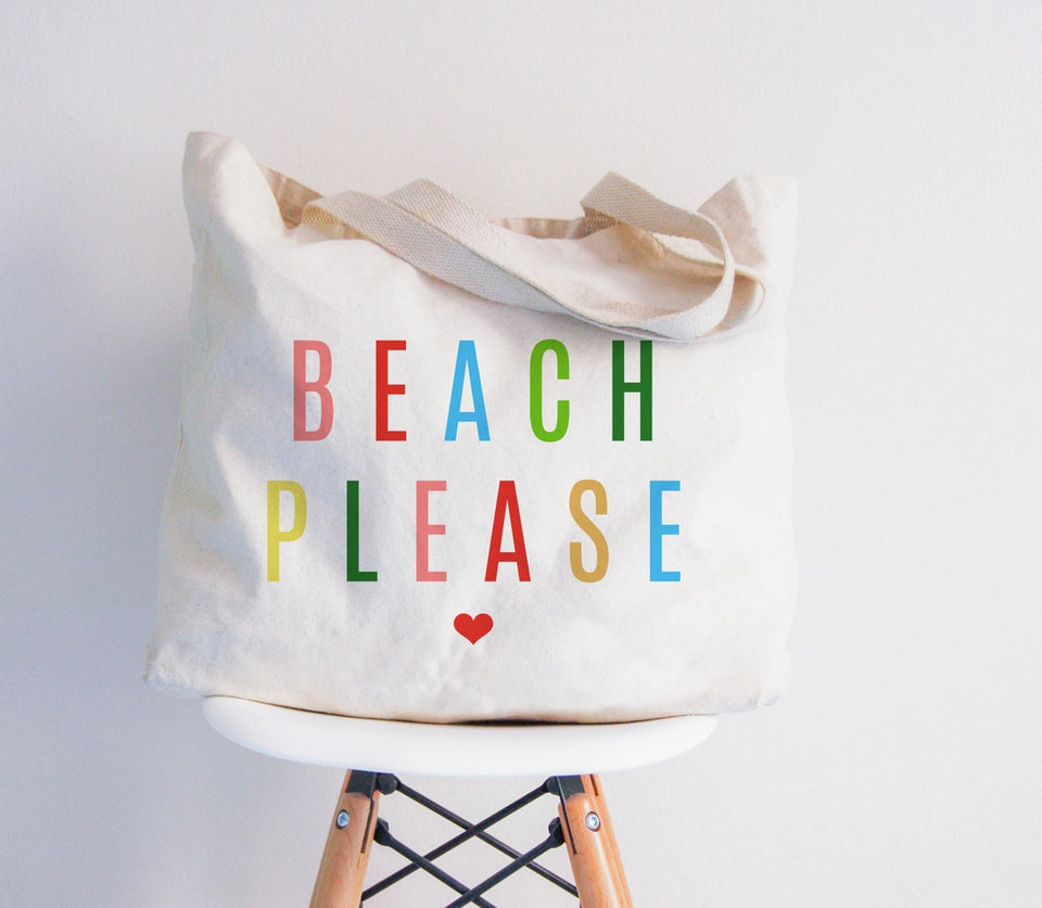 Cotton tote with multi color letters that reads Beach Please