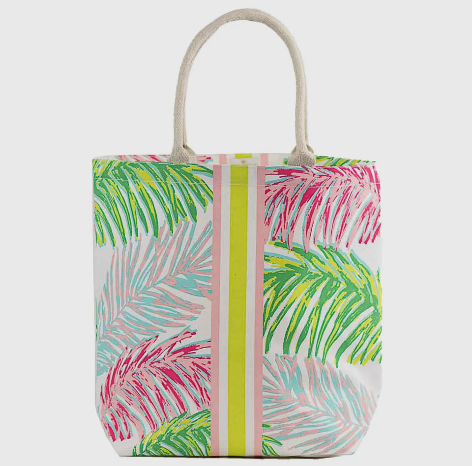 Canvas tote with tropical leaves in pastels of pink, green and pale blue with pale green and white center stripe. And canvas handles