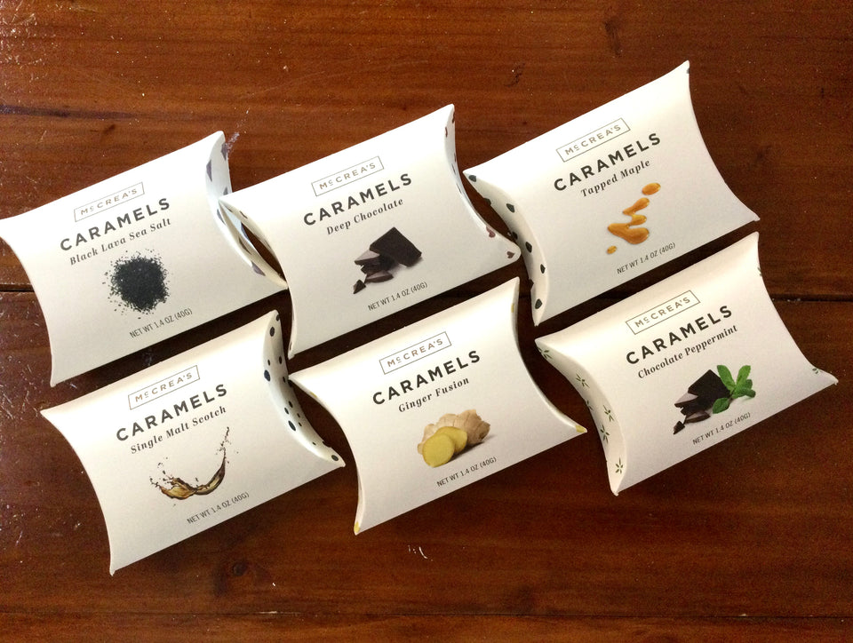 Shows all six flavors available in the 1.4oz. Pillow packs 