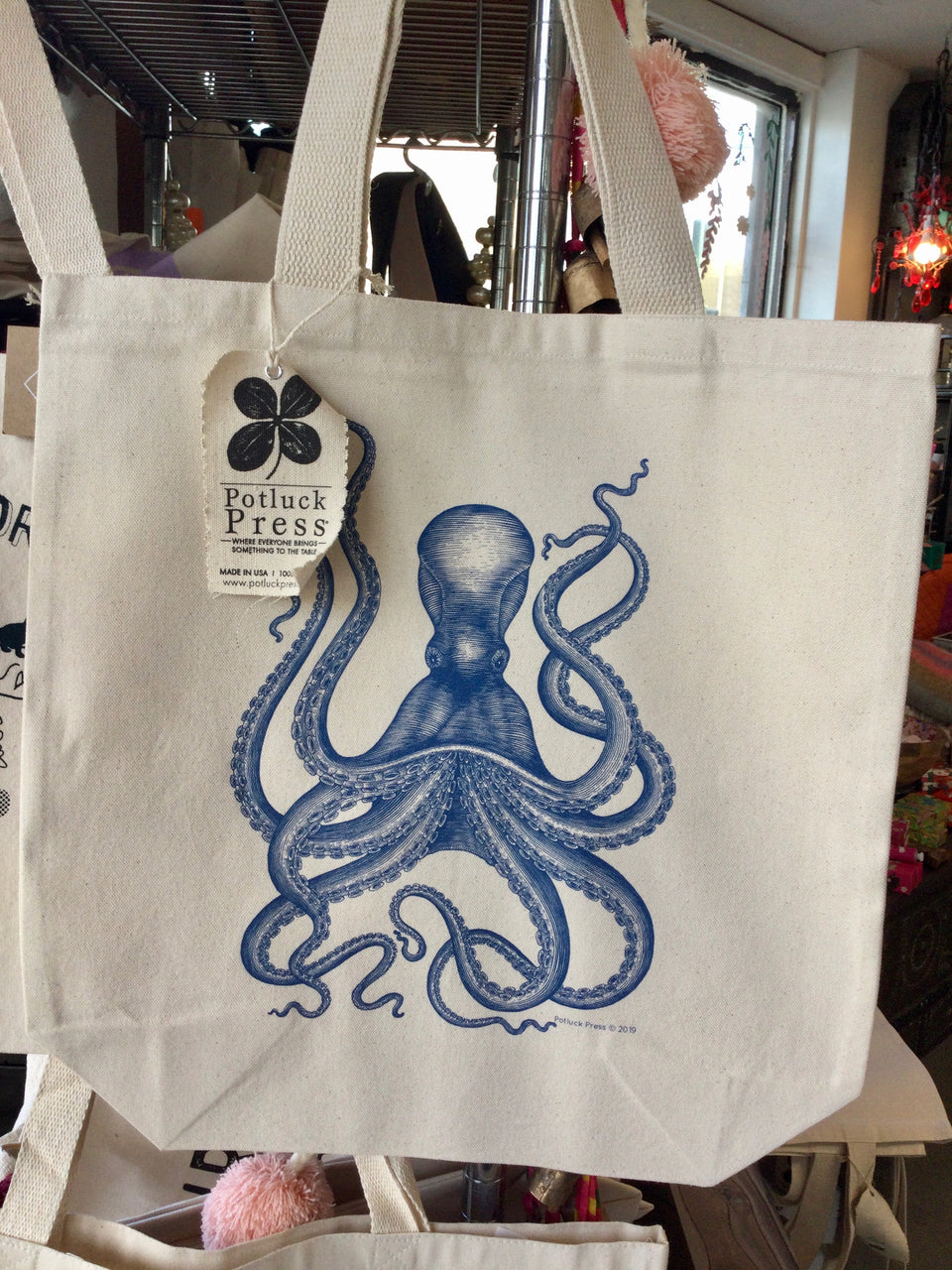 Canvas tote bag with blue octopus design - vintage inspired