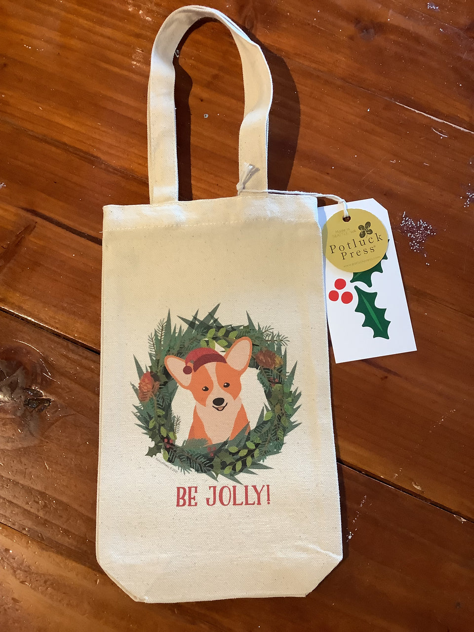 Corgi in wreath wine bag