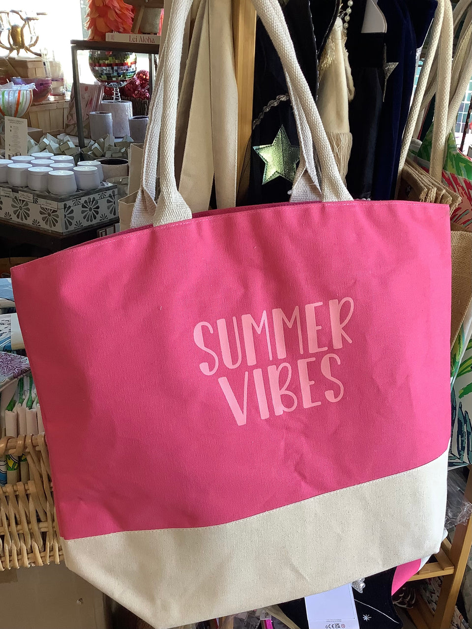 Summer vibes tote fontin light pink on coral background with natural canvas handles and bottom