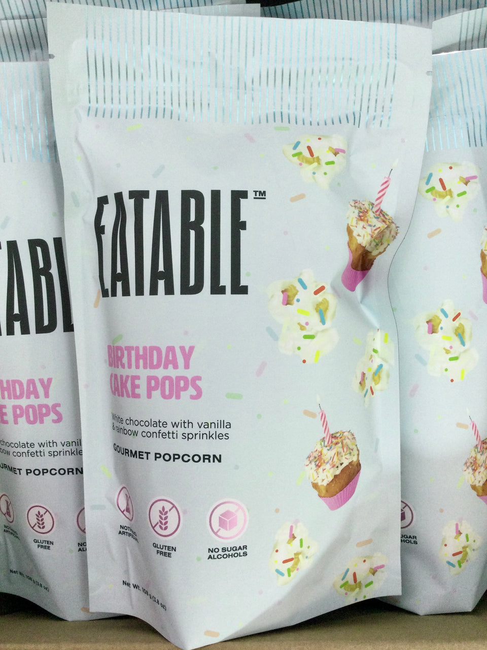 Packages of Birthday Cake Pop flavored popcorn
