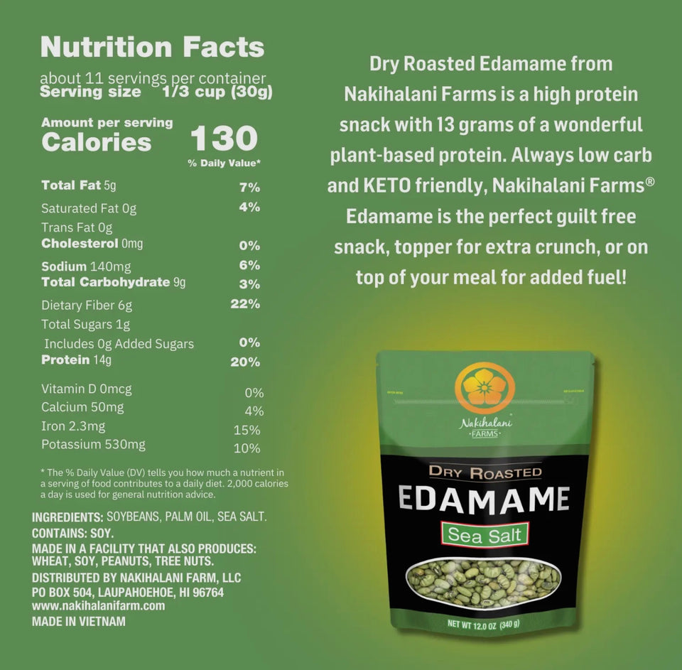 Dry roasted edamame additional info - photo used with permission from Nakihalani farms