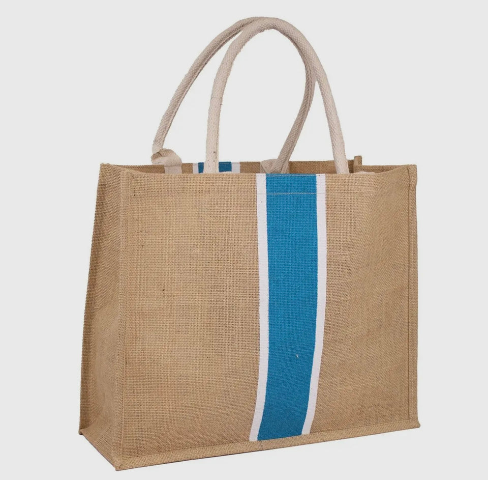 Jute tote with white and blue stripe reminiscent of the sand and ocean
