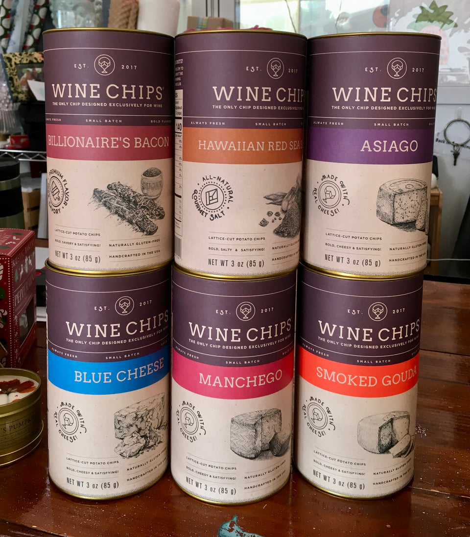 Showing 6 flavors of wine chips in tube shaped packges