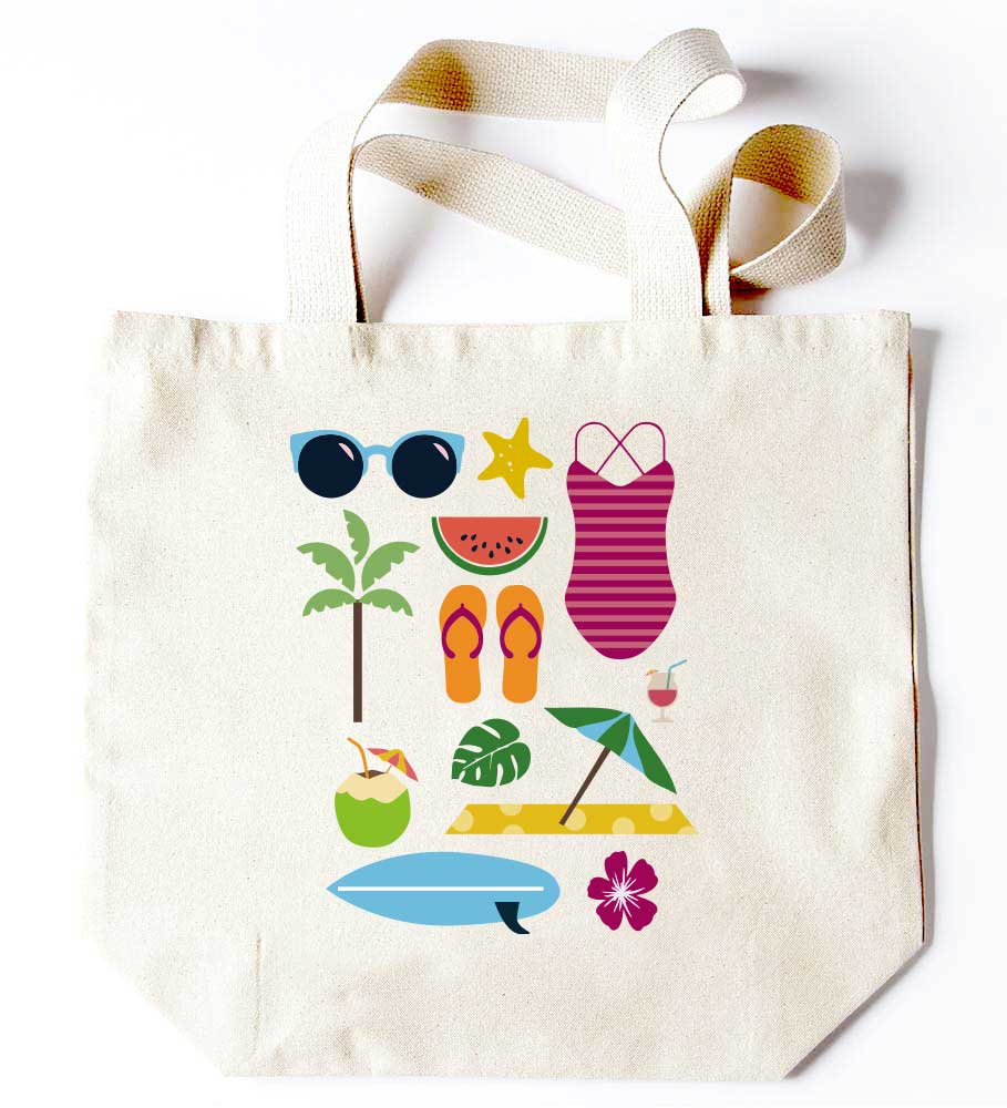 Shows design on tote in bright colors - all things one needs for the beach