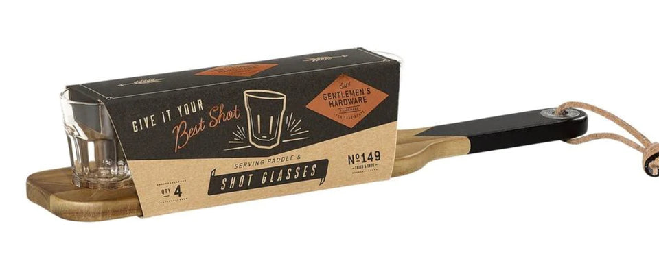 Serving paddle with shot glasses in packaging