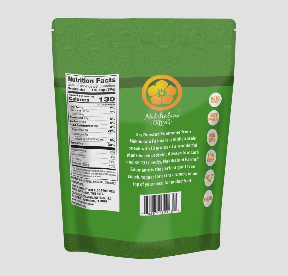Dry roasted edamame back side of package - photo used with permission from Nakihalani farms