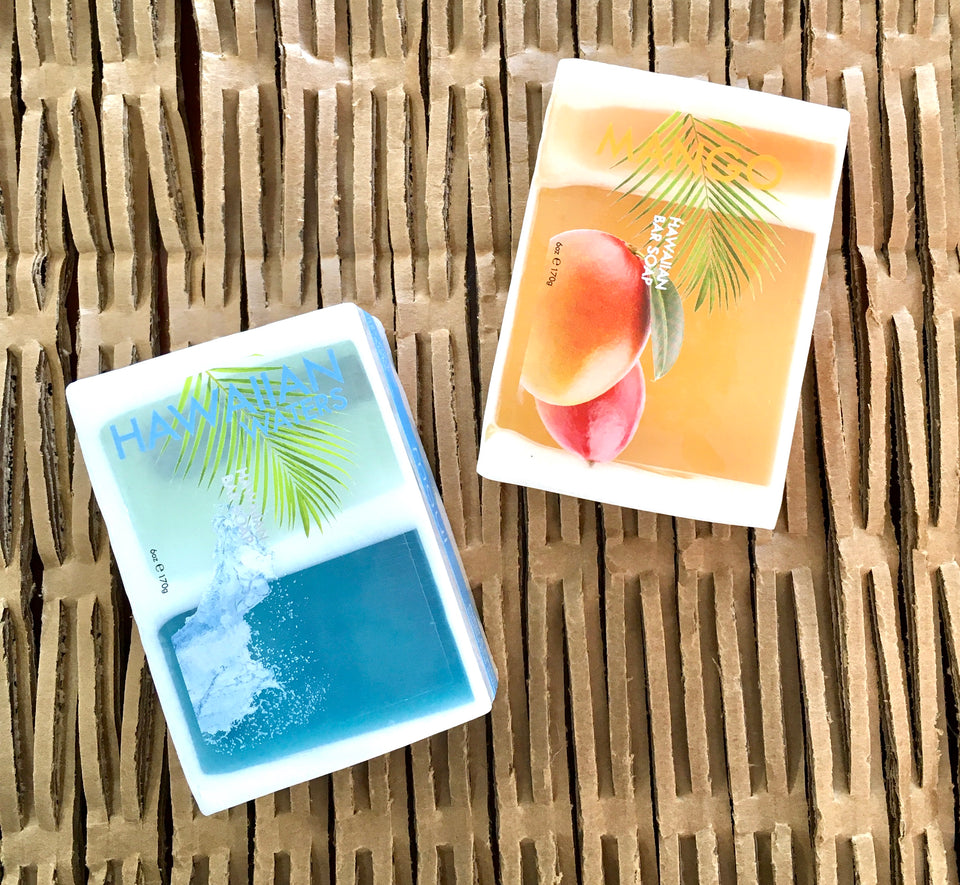 hawaiian waters and mango soap bars on mat