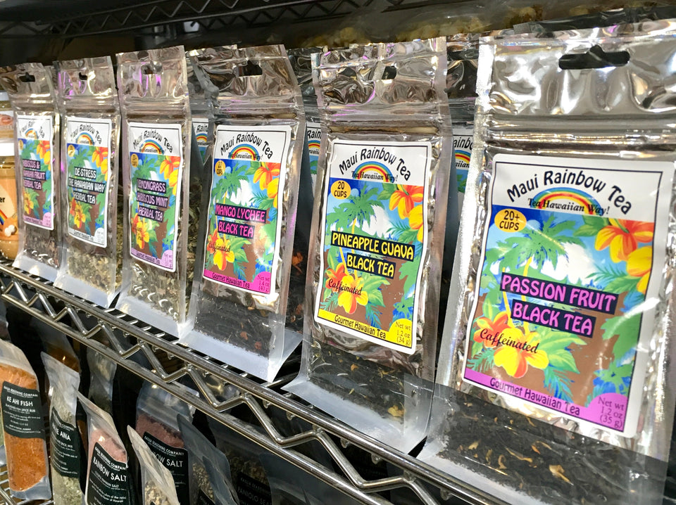 shows Maui Rainbow tea in packages on shelf