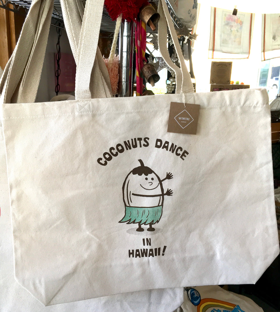 coconuts Dance in Hawaii tote shows Mr. Mellow as a coconut in a grass skirt dancing cartoon style drawing