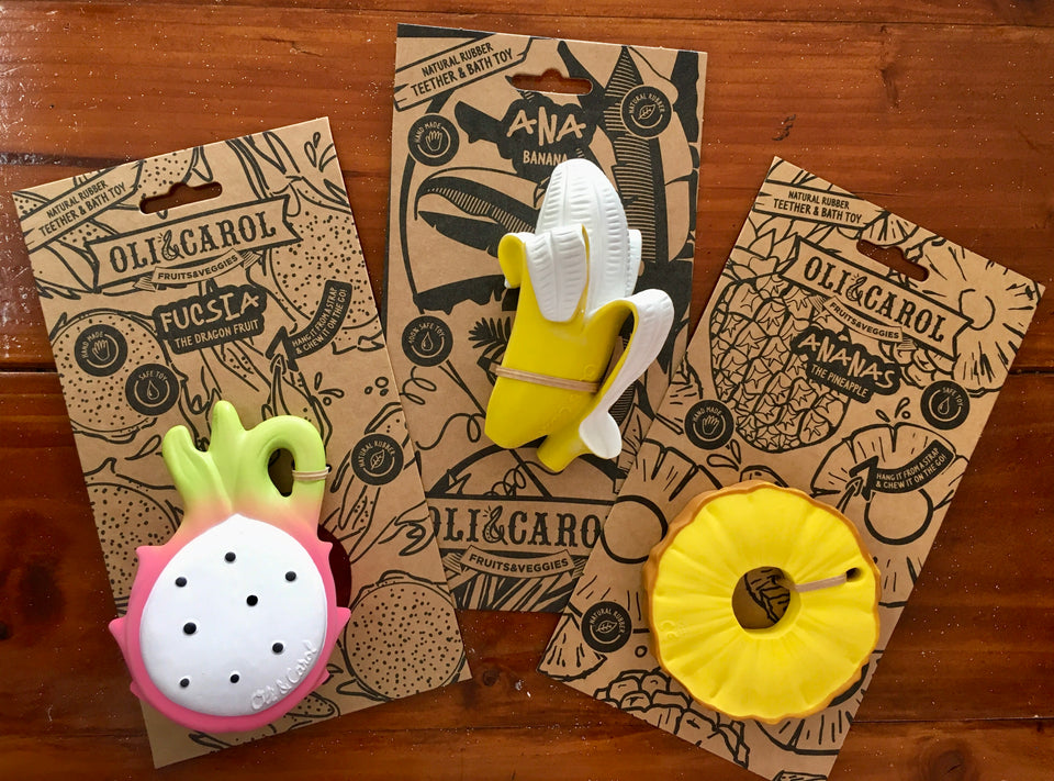 3 tropical teethers dragonfruit, banana and pineapple ring in packages