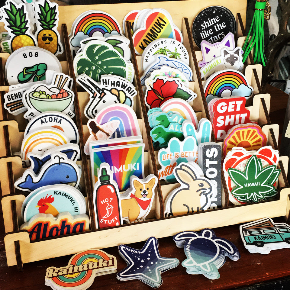 shows a large varietyof stickers that are available in our shop 