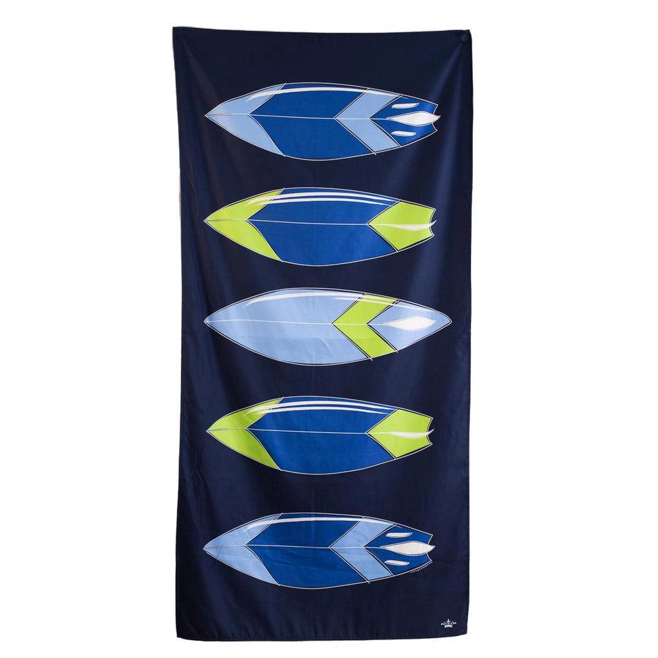 full view of wipe out towel to show surfboard design