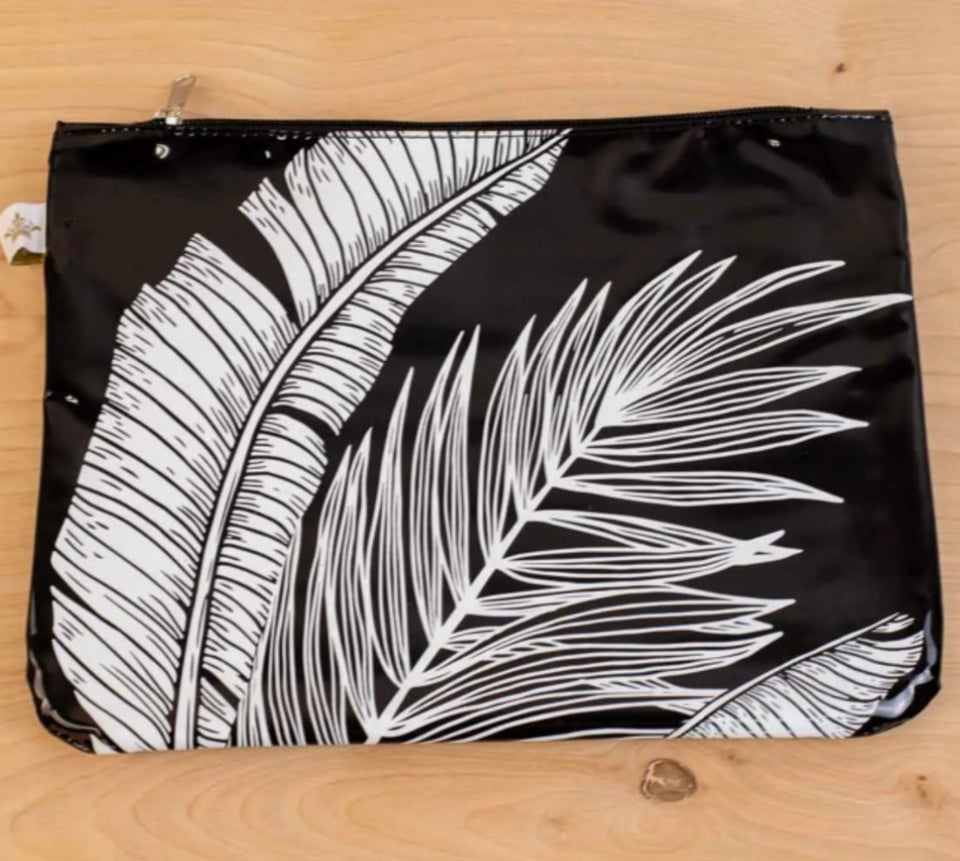 black pouch with leaves in white