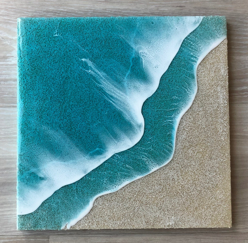 Close up of ocean resin ceramic coaster