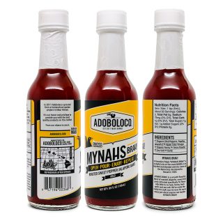 Close up of Mynahs Flavor Adoboloco Hot Sauce Front back and side label