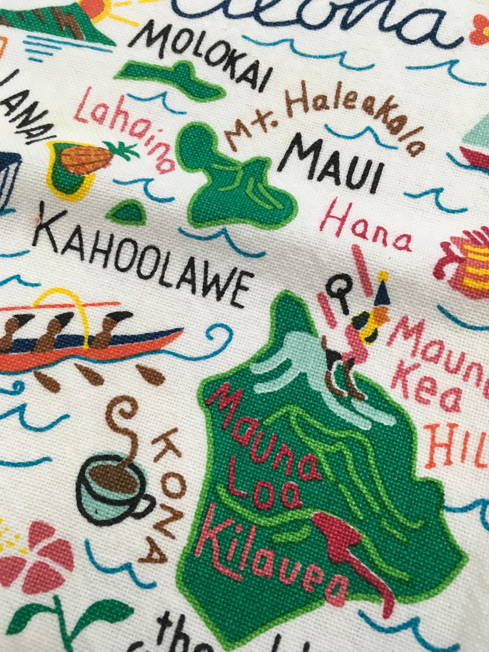 close up of print on oahu dish towel
