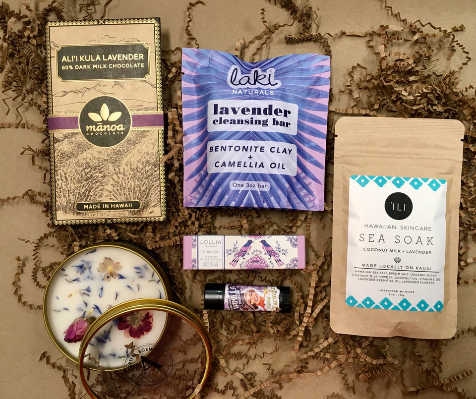 photo of chocolate bar, sea soak, candle, lotion, soap and lip balm