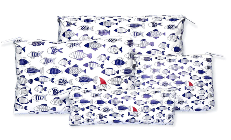 various sizes of pouches with blue fish