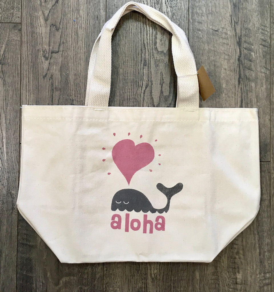 tote bag with whale and aloha and heart coming out of his spout