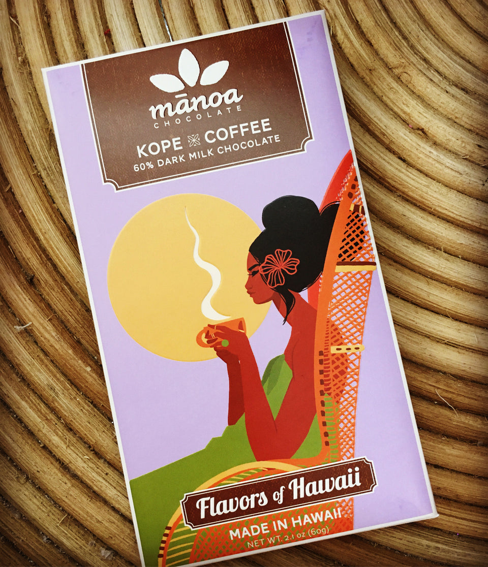 Manoa coffee chocolate bar. Woman drinking coffee with lavendar background on label.