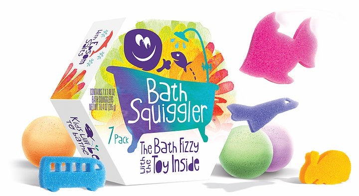 Bath Squiggler box with fun shapped sponges around it. lots of colors