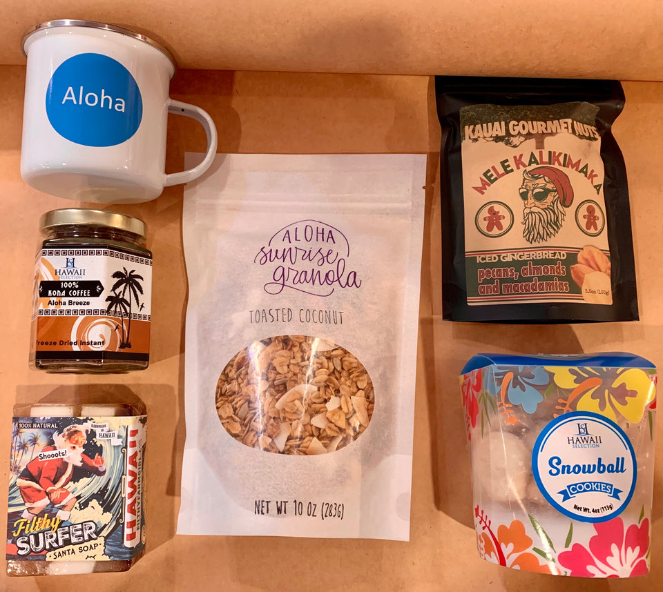 Contents of holiday basket cup, granola, surfing santa soap, mele kalikimaka nuts, snowball cookies and kona coffee