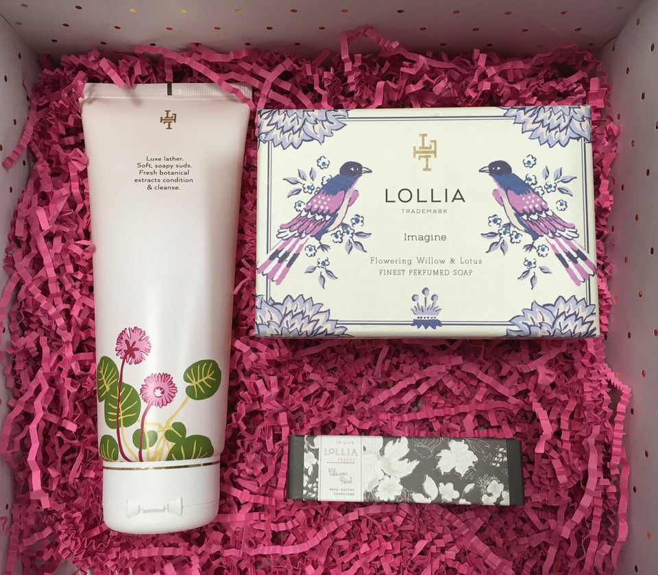 box of lotion and soap and showe gel tube