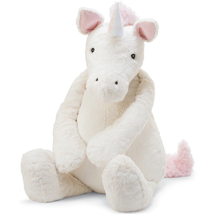 big happy white unicorn with a pink horn